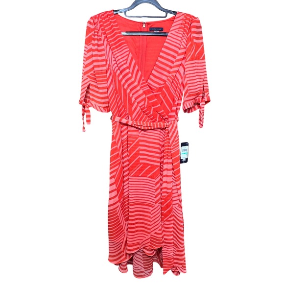 Tommy Hilfiger Dresses & Skirts - NWT Tommy Hilfiger Women's Coral Stripe Hi-Lo Faux Wrap Dress Tie Sleeve Size 8